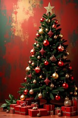 Red and gold christmas tree decoration baubles welsh, celebration, christmas tree, abstract, background, art, bauble