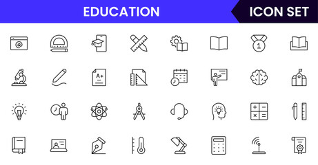 Education vector web line icon collection, sleek illustrations of books, diplomas, e-learning, knowledge for inspiring, academic designs.