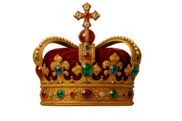 Royal gold crown with red velvet and colorful gems, symbolizing monarachy, power, and success, transparent background