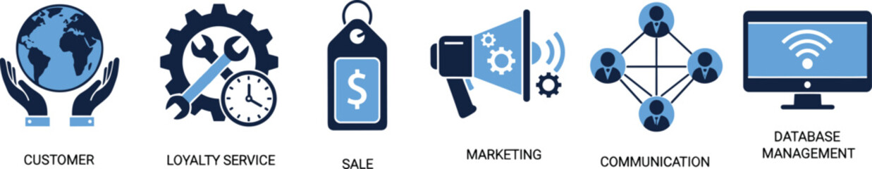 Business icons set, customer loyalty, sales marketing, communication network, database management, gear tools, vector illustration, corporate service symbols