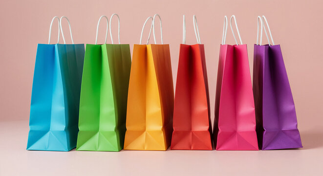 Row of Colorful Paper Shopping Bags on a Pink Background stock freepik