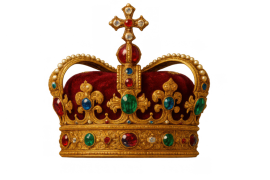 Royal gold crown with red velvet and colorful gems, symbolizing monarachy, power, and success, transparent background