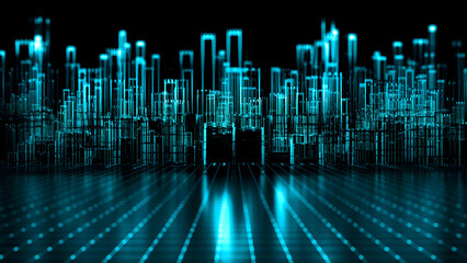 Futuristic Digital Cityscape: Neon Blue Data Grid Abstract Technology Background