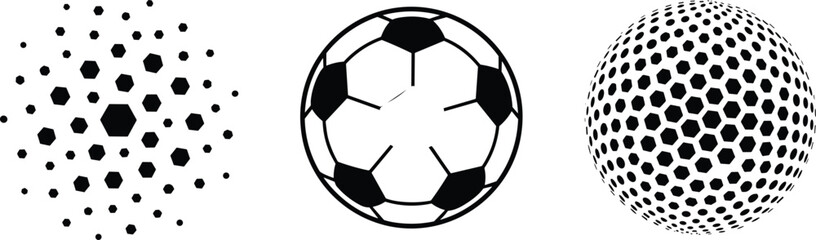 Hexagon pattern icons, soccer ball design, 3D sphere texture, geometric tiling, vector illustration, black and white, abstract structure
