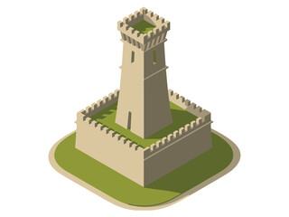 Castle keep tower, crenellated walls on raised platform, defensive stronghold icon, historical fortress element, isometric medieval architecture illustration