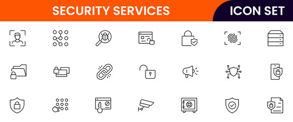 Security vector web line icon collection, sleek illustrations of locks, shields, cameras, cybersecurity for safe, protected digital designs.