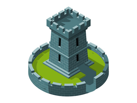 Stone turret on circular moat, blue fortress tower with battlements, grassy base, fantasy stronghold emblem, isometric medieval architecture