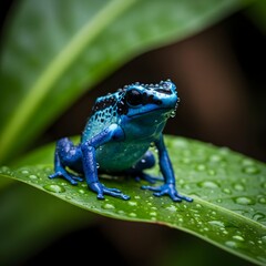 Blue frog on a leaf with drops of water