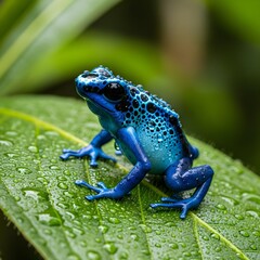 Blue frog on a leaf with drops of water