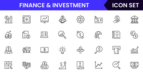 Finance and investment vector web line icon collection, sleek illustrations of budgets, charts, calculators, investments for strategic, financial designs.