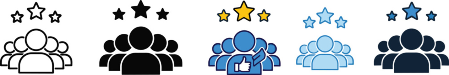 Team rating icons, group evaluation, customer feedback, performance review, star ranking, user endorsement, vector illustration, business recognition, blue black design