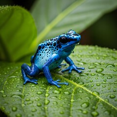 A blue frog with black markings on a leaf with water droplets.