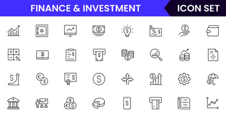 Finance and investment vector web line icon collection, sleek illustrations of budgets, charts, calculators, investments for strategic, financial designs.