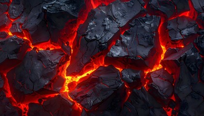 Cracked Black Lava Rocks with Glowing Red Hot Lava in Deep Cracks