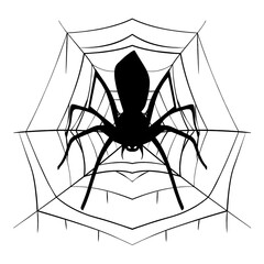 Black silhouette vector illustration of a creepy arachnid spider on a cobweb for Halloween and phobia concepts