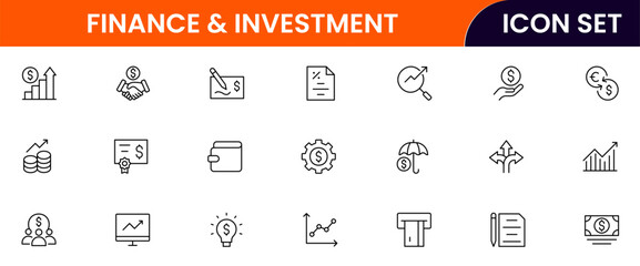 Finance and investment vector web line icon collection, sleek illustrations of budgets, charts, calculators, investments for strategic, financial designs.
