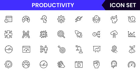 Productivity vector web line icon collection, sleek illustrations of tasks, clocks, calendars, efficiency tools for streamlined, effective designs.