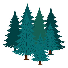 Winter holiday vector illustration set of green evergreen Christmas pine and fir trees in a snowy nature landscape