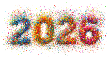 Colorful abstract number 2026 formed from small particles isolated on transparent background