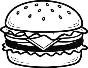 Hand-drawn classic burger: detailed black and white sketch of a cheeseburger