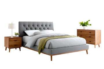 Tufted upholstered bed with nightstands and dresser isolated on transparent background