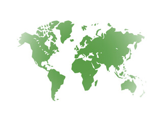 Green watercolor style world map silhouette, soft edges, global continents illustration, travel and education graphic, vector