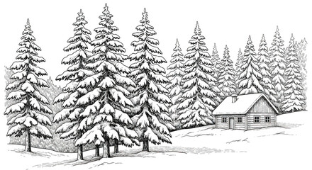 Charming cabin in a dense forest with tall pine trees and serene natural landscape isolated on transparent background