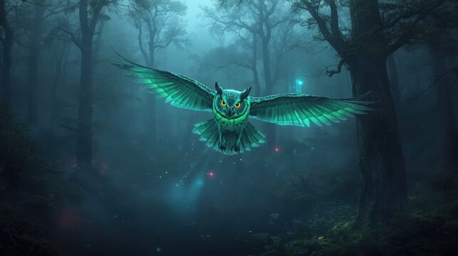 Mysterious glowing owl flying through a dark enchanted forest at night