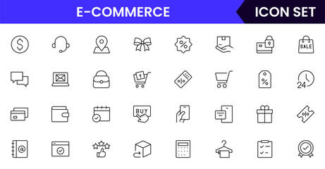 E-commerce vector web line icon collection, sleek illustrations of carts, payments, products, online shopping for vibrant, digital marketplace designs.