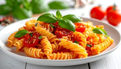 Fresh Italian Pasta Dish with Cherry Tomatoes and Basil on White Plate