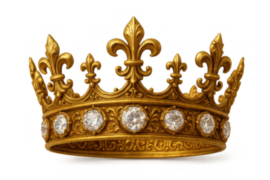 Golden crown with sparkling diamonds and fleur-de-lis symbols representing royalty, power, and prestige on transparent background