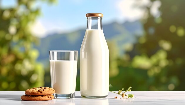 Fresh Milk Bottle Glass and Cookies on White Surface in Natural Outdoor Setting