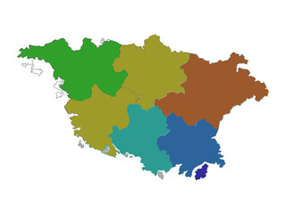 Obraz premium Colorful country map, multicolored administrative regions, province borders, political divisions, infographic visual, education resource, editable vector illustration