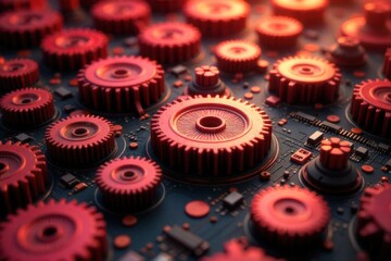 An intricate network of glowing, interconnected gears and circuits that converge on a single, radiant star, representing the complex path to a major win. An intricate, abstract network of glowing,