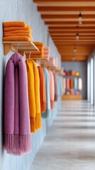 Vibrant Textiles Displayed in a Sunlit Marketplace Hallway with Wooden Ceiling Beams and Concrete Walls