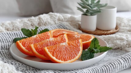 Vibrant Top Down Photo Of Bright Orange Slices Artfully Arranged With Fresh Mint Leaves On A White Plate With A Textured Blanket And Succulent Plant In The Background