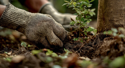 Obraz premium Hands in dirt planting a small green seedling near tree trunk