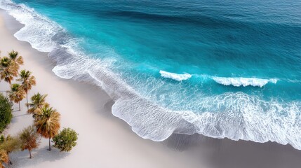 Vibrant Tropical Beach Aerial View with Turquoise Ocean Waves and Palm Trees on Sandy Shoreline