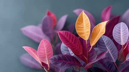 Vibrant Tropical Croton Leaves Displaying a Spectrum of Pink Purple and Golden Hues Against a Muted Blue Background in Soft Natural Light