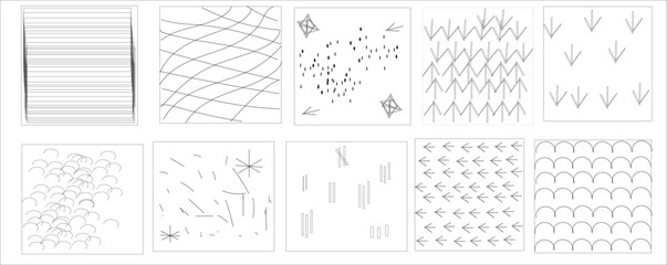 Hand-drawn abstract geometric pattern set — minimal line, wave, arrow, and circle sketch texture design for backgrounds, decorative frames, seamless patterns, and modern vector illustration