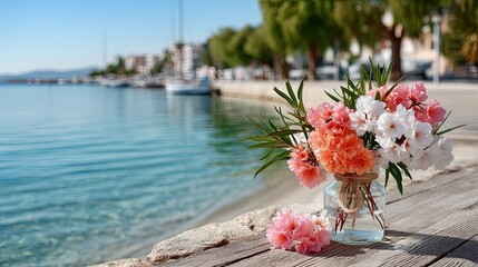 Vibrant Tropical Flower Bouquet in Glass Vase on Textured Surface with Blurry Seaside Town and Turquoise Water Background on a Sunny Day