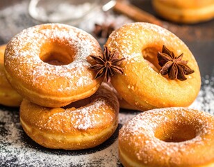 Powdered doughnuts with spice, stacked on dark surface