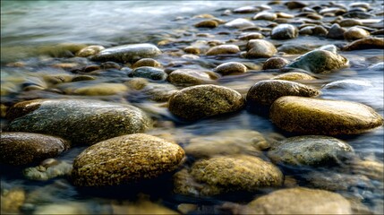 Obraz premium Smooth water-worn pebbles on a shallow stream bed with clear water flowing over them.