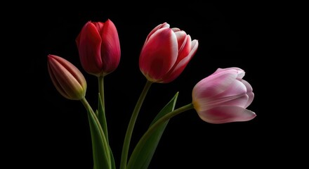 Fototapeta premium Vibrant Red and Pink Tulips Against a Dark Background.