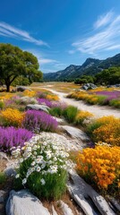 Vibrant Wildflower Meadow in Full Bloom Under a Clear Blue Sky with Distant Mountains and a Lone Tree