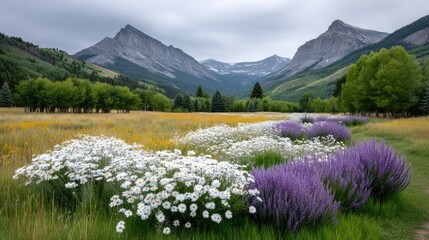 Vibrant Wildflower Meadow With Daisy And Lavender Blooms Leading To Majestic Jagged Mountains Under A Cloudy Sky