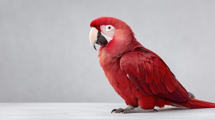 Vibrant Red Macaw Parrot Perched on a White Surface in Studio Lighting Displaying Detailed Feathers and a Plain Gray Background
