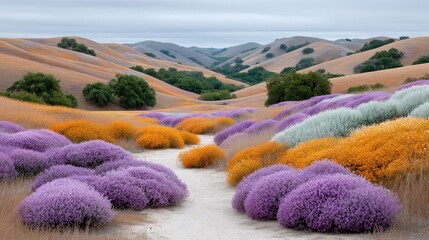 Vibrant Rolling Hills Covered in Purple Orange and White Flowers Under a Cloudy Sky Landscape Photography