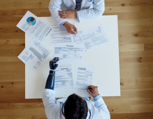 Medical engineers designing advanced prosthetic limbs with neural control, bionic tec