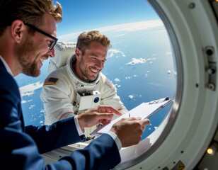 Space engineers designing manufacturing processes for zero-gravity environment, space